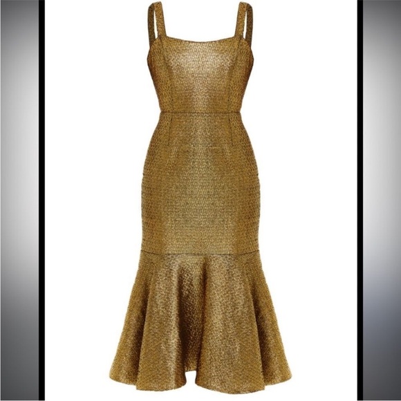 Mestiza New York Jody Metallic Gold Tweed Square Neck Flutter Hem Midi Dress - Picture 2 of 16